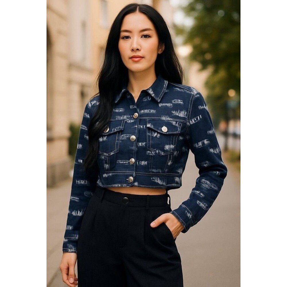 Yitty Womens Cropped Denim Jacket With Allover Logo Print & Button Front - Picture 1 of 12